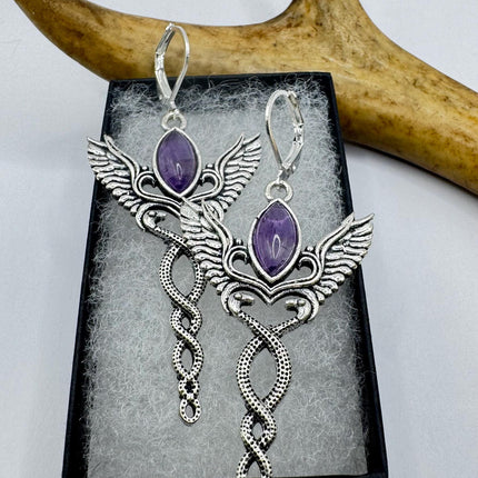 Vintage Purple Amethyst Dangle Earrings Sterling Silver Design Statement Leverbacks