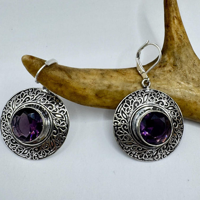 Vintage Purple Amethyst Glass Dangle Earrings Sterling Silver Design Statement Leverbacks