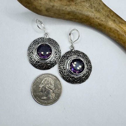 Vintage Purple Amethyst Glass Dangle Earrings Sterling Silver Design Statement Leverbacks