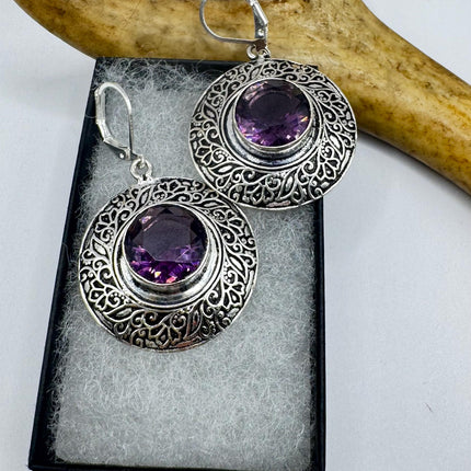 Vintage Purple Amethyst Glass Dangle Earrings Sterling Silver Design Statement Leverbacks