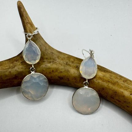Vintage White Opal Glass Dangle Earrings Sterling Silver Design Statement Leverbacks