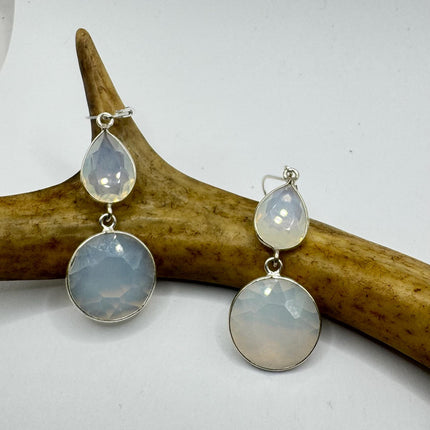Vintage White Opal Glass Dangle Earrings Sterling Silver Design Statement Leverbacks