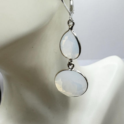 Vintage White Opal Glass Dangle Earrings Sterling Silver Design Statement Leverbacks