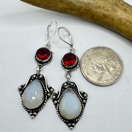 Vintage White Opal Glass Ruby Glass Dangle Earrings Sterling Silver Design Statement Leverbacks