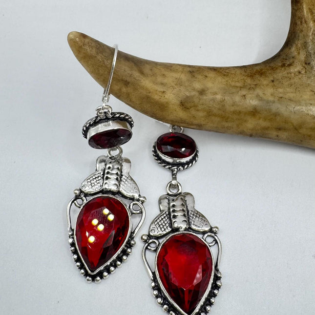 Vintage Red Ruby Glass Dangle Earrings Sterling Silver Design Statement Leverbacks