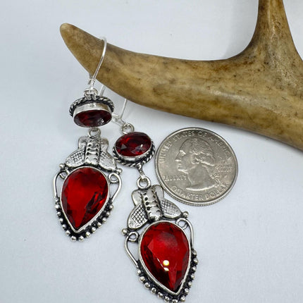 Vintage Red Ruby Glass Dangle Earrings Sterling Silver Design Statement Leverbacks