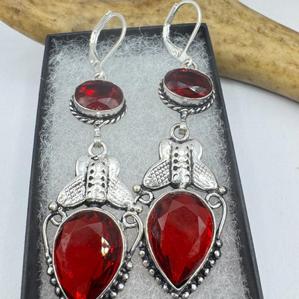 Vintage Red Ruby Glass Dangle Earrings Sterling Silver Design Statement Leverbacks