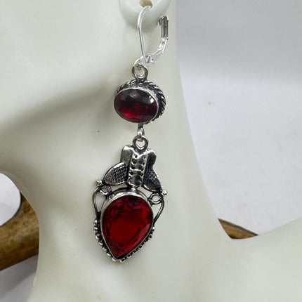 Vintage Red Ruby Glass Dangle Earrings Sterling Silver Design Statement Leverbacks