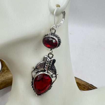 Vintage Red Ruby Glass Dangle Earrings Sterling Silver Design Statement Leverbacks