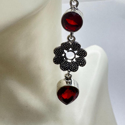 Vintage Red Ruby Glass Dangle Earrings Sterling Silver Design Statement Leverbacks