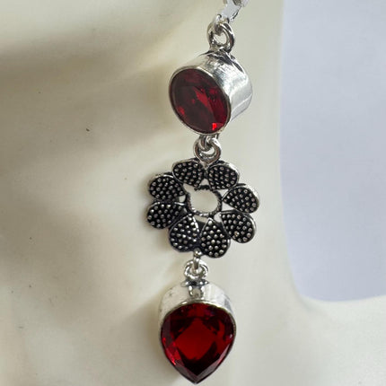 Vintage Red Ruby Glass Dangle Earrings Sterling Silver Design Statement Leverbacks
