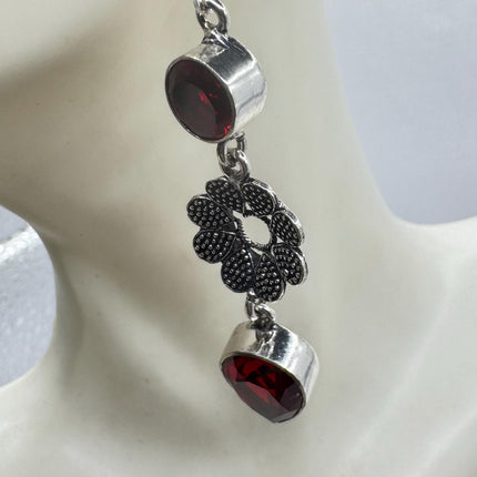 Vintage Red Ruby Glass Dangle Earrings Sterling Silver Design Statement Leverbacks