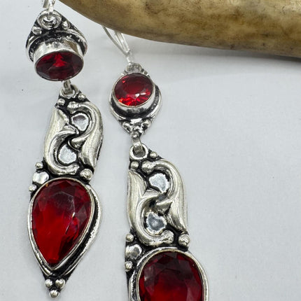 Vintage Red Ruby Glass Dangle Earrings Sterling Silver Design Statement Leverbacks