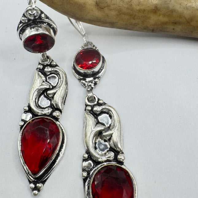 Vintage Red Ruby Glass Dangle Earrings Sterling Silver Design Statement Leverbacks