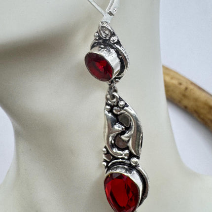 Vintage Red Ruby Glass Dangle Earrings Sterling Silver Design Statement Leverbacks