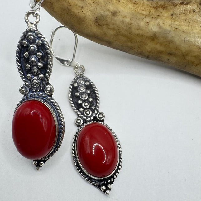 Vintage Red Coral Glass Silver Earrings | 925 sterling Silver Lever Backs