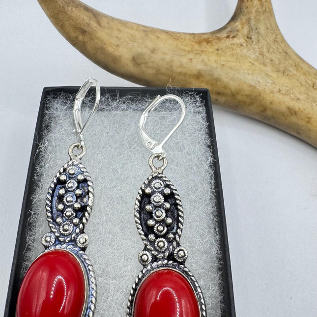 Vintage Red Coral Glass Silver Earrings | 925 sterling Silver Lever Backs