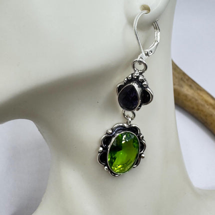 Vintage Green Peridot Glass Silver Earrings | 925 sterling Silver Lever Backs