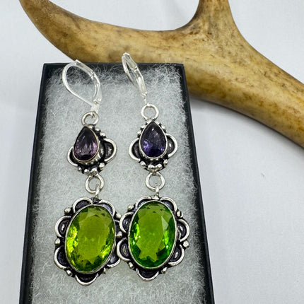 Vintage Green Peridot Glass Silver Earrings | 925 sterling Silver Lever Backs