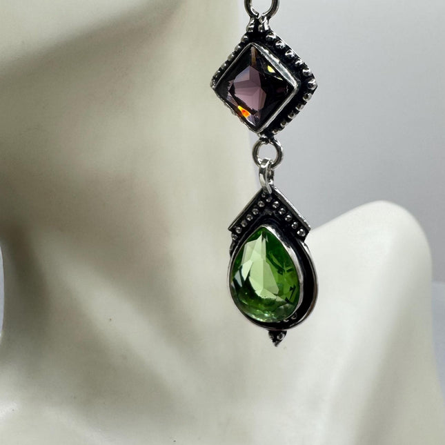 Vintage Green Peridot Glass Silver Earrings | 925 sterling Silver Lever Backs