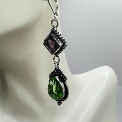 Vintage Green Peridot Glass Silver Earrings | 925 sterling Silver Lever Backs