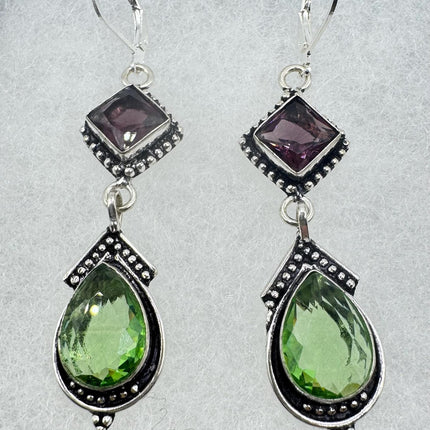 Vintage Green Peridot Glass Silver Earrings | 925 sterling Silver Lever Backs