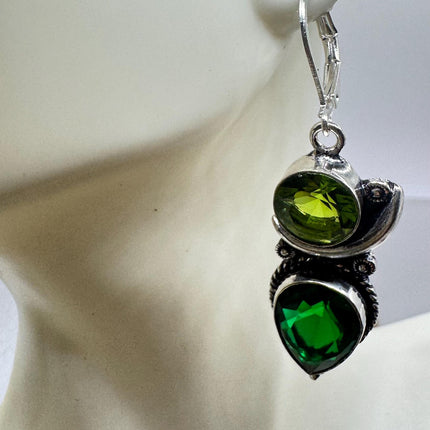 Vintage Green Peridot Glass Silver Earrings | 925 sterling Silver Lever Backs