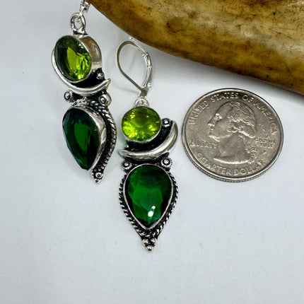 Vintage Green Peridot Glass Silver Earrings | 925 sterling Silver Lever Backs