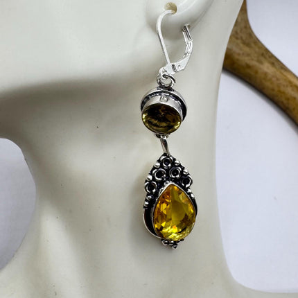 Vintage Yellow Citrine Glass Silver Earrings | 925 sterling Silver Lever Backs