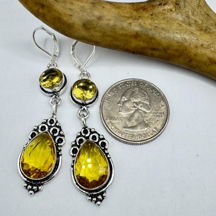 Vintage Yellow Citrine Glass Silver Earrings | 925 sterling Silver Lever Backs