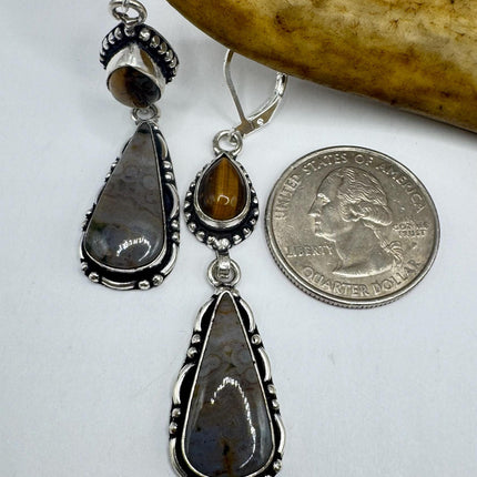 Vintage Tigers Eye Dangle Earrings Sterling Silver Design Statement Leverbacks