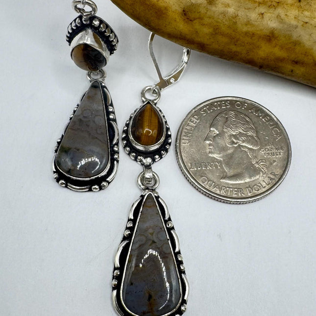 Vintage Tigers Eye Dangle Earrings Sterling Silver Design Statement Leverbacks