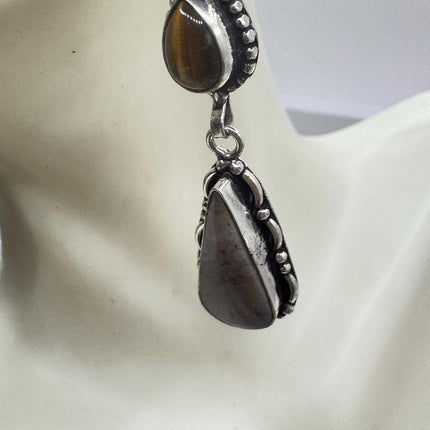 Vintage Tigers Eye Dangle Earrings Sterling Silver Design Statement Leverbacks