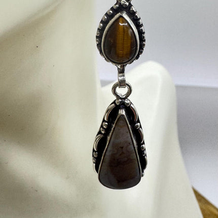 Vintage Tigers Eye Dangle Earrings Sterling Silver Design Statement Leverbacks
