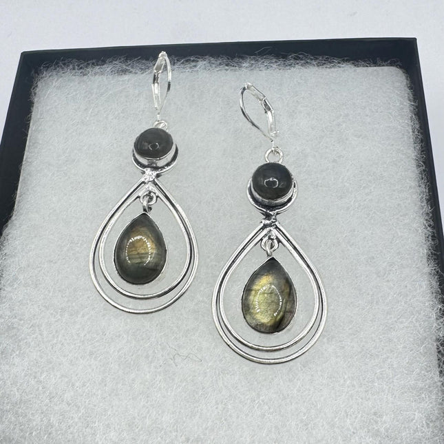 Vintage Labradorite Dangle Earrings Sterling Silver Design Statement Leverbacks