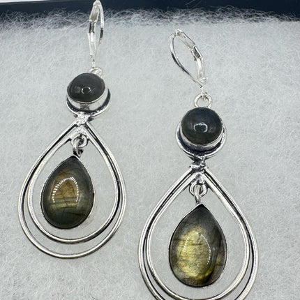 Vintage Labradorite Dangle Earrings Sterling Silver Design Statement Leverbacks