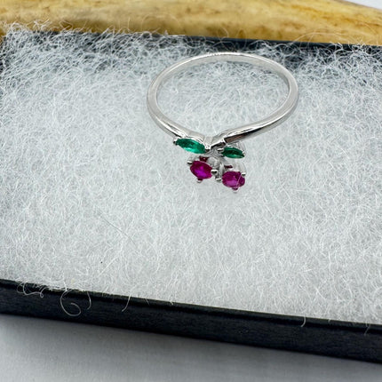 Vintage Silver Cherry Ring | Red Ruby Cherry Green Chrome Diopside Gemstone 925 Sterling Silver Antique Wedding Engagement