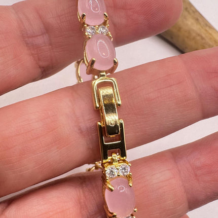 Vintage Pink Rose Quartz Lucky Bracelet in Golden Bronze - Prosperity, Love and good health