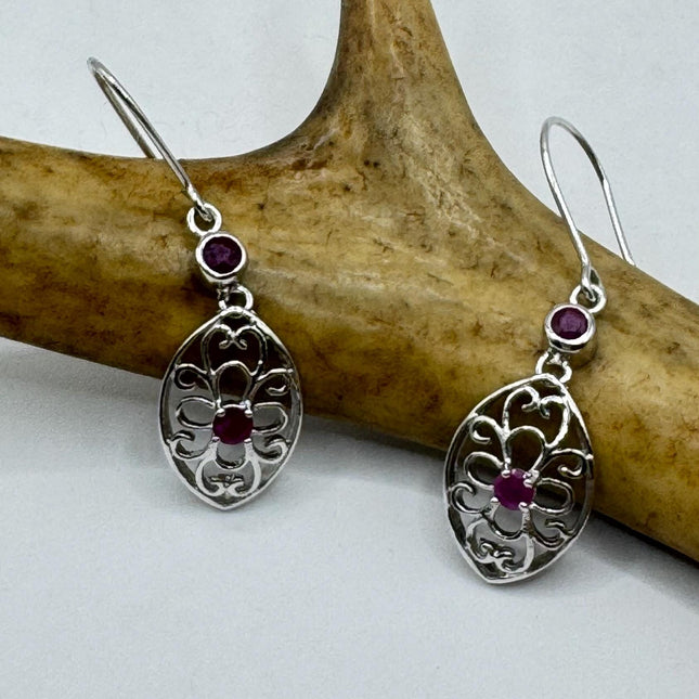 Vintage Red Ruby Crystal Flower 925 Sterling Silver Drop Dangle Earrings