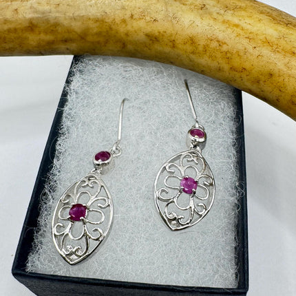 Vintage Red Ruby Crystal Flower 925 Sterling Silver Drop Dangle Earrings
