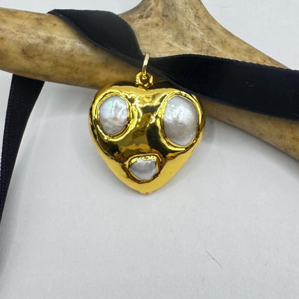 Vintage White Pearl Heart Necklace Gold Fill Black Velvet Choker