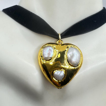 Vintage White Pearl Heart Necklace Gold Fill Black Velvet Choker
