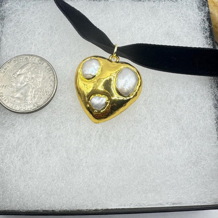 Vintage White Pearl Heart Necklace Gold Fill Black Velvet Choker