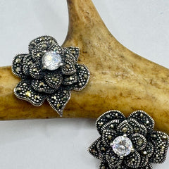 Vintage Sterling Silver Marcasite Earrings Clear Crystal Rose Flower Studs Minimalist Everyday Jewelry