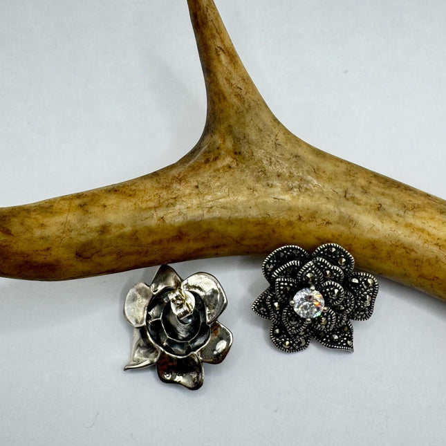 Vintage Silver Earrings | Sterling Silver Studs With Marcasite Rose & Clear Crystal-Earrings-TomWayne Jewelers