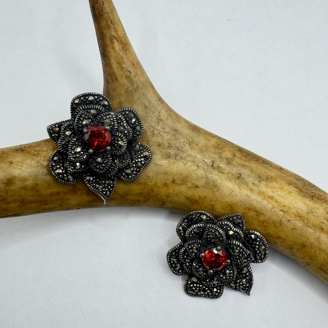 Vintage Sterling Silver Marcasite Earrings Red Garnet Rose Flower Studs Minimalist Everyday Jewelry