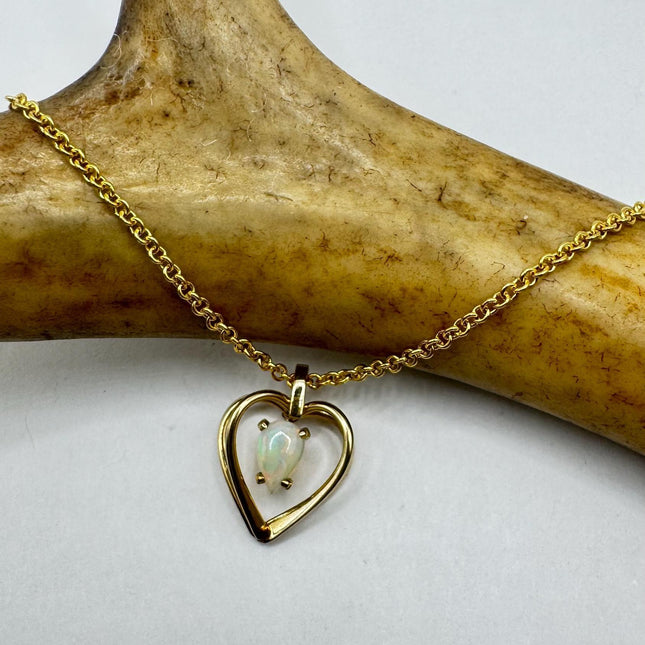 Vintage Tiny White Fire Opal Heart Necklace Gold Filled