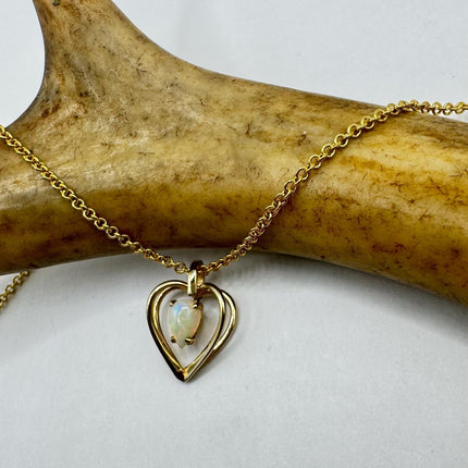 Vintage Tiny White Fire Opal Heart Necklace Gold Filled