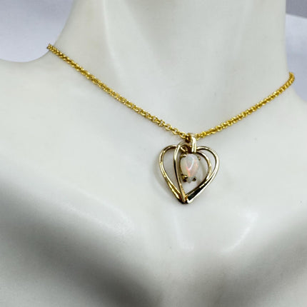 Vintage Tiny White Fire Opal Heart Necklace Gold Filled