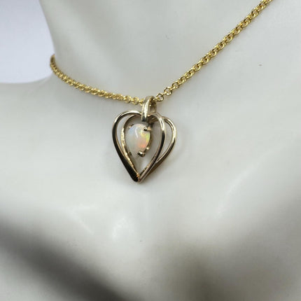 Vintage Tiny White Fire Opal Heart Necklace Gold Filled